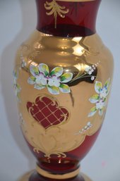 (#73) Vintage Bohemian Czech Art Glass Gold Gilt Hand Painted Cranberry Ruby Red Vase 12'H