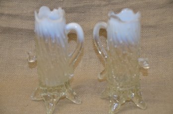 (#37) Vintage Opalescent Carnival Glass Tree Trunk Town Pump Vase (2) Some Chips