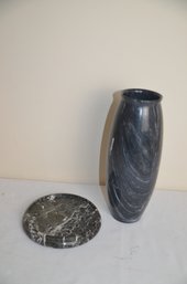 (#25) Black Marble Vase 12' And Marble Plant Stand Protection