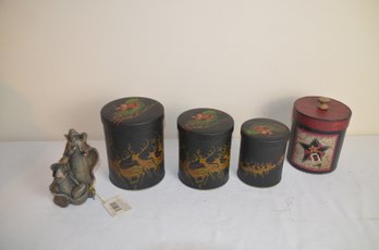 (#26) Christmas Stackable Tin Canisters Set Of 3 And Nativity Figurine