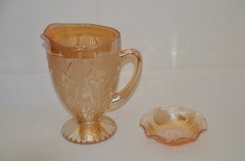 32) Iris & Herringbone Glass Iridescent Depression Iridescent Marigold Floral Embossed Pitcher 9' & Bowl