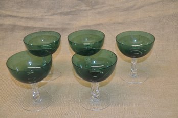 (#39) Green Glass Clear Twisted Stem Champagne Goblet Set Of 5