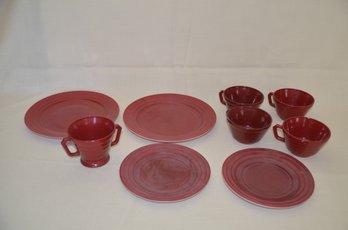 34) Vintage Hazel Atlas Modern Tone Burgundy Plates, Cups, Sugar Bowl ( See Description