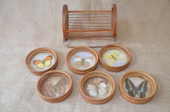 (#44) Wood Butterfly Coaster Set With Wood Stand