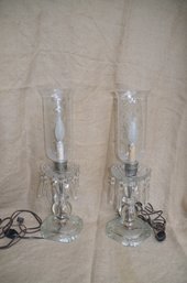 (#6HH) Pair Hurricane Electric Glass Lamps Crystal Hanging Detail 20'Height