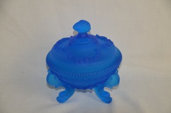 51) Westmoreland Satin Cobalt Blue Glass Argonaut Dolphin Foot Lidded Candy Dish Shell Bowl