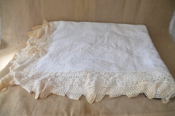 (#148) White Cotton Lace Trim Bed Cover Approx. 88x102 ( Lightly Stained)