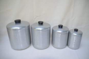 158) Vintage MCM Retro Aluminum Canister Set Of 4 ( Flour, Sugar, Coffee, Tea)