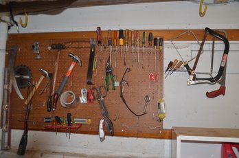 (#41) Wall Of Assorted Tools  - Screw Drivers, Hammers, Saws, Level, Clippers