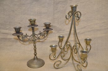 (#47) Vintage Brass Three 10' Arm Candle Stick Candelabra And Four Arm 12'