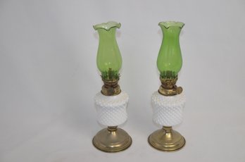 (#78) Pair Of White Milk Hobnail Oil Lanterns Green Glass 10'H