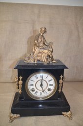 (#53) Antique WC Mantle Clock With Gold Painted Figurine With Key
