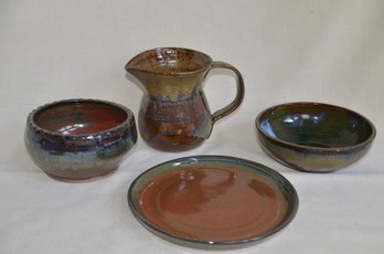 80) Lot Of 4 Handmade Pottery Brown Glazed ( See Description Size)