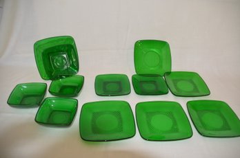 41) Forest Green Glass CHARM Square Plates, Saucers And Bowls 12 Pieces ( See Description)