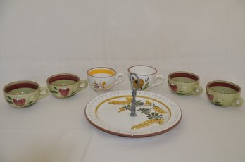 44) Stangel Pottery Mid Century Golden Blossom Serving Tidbit Plate With Handle AND 6 Cups