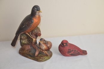 (#36) Vintage Holland Mold Ceramic Robin Baby Bird Figurine And Wood Carved Red Bird