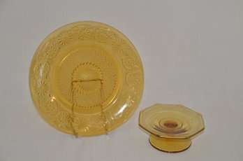 45) Amber Glass Indiana Daisy 9.5' Plate AND Footed Candleholder 5.5'x2'H