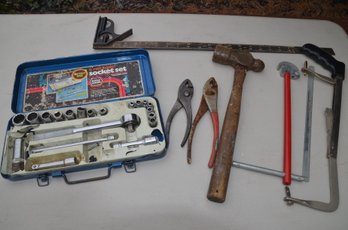 (#45) Vintage Plies, Socket Set, Hammer, Saw, Ruler