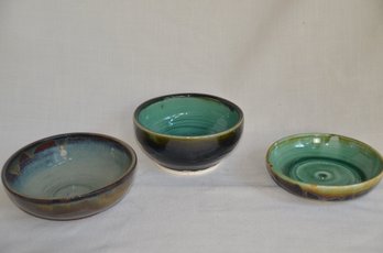 83) Lot Of 3 Handmade Bowls Green / Brown Glazed ( See Description For Sizes)