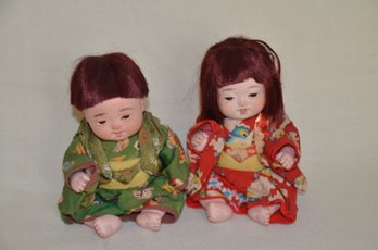 105) Pair Of Vintage Japanese Asian Compo Glass Eyes Dolls Proper Attire From Japan 9' ( Some Cracks)