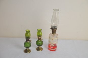 (#38) Oil Lantern And Pair Of Petite Green Glass Lanterns