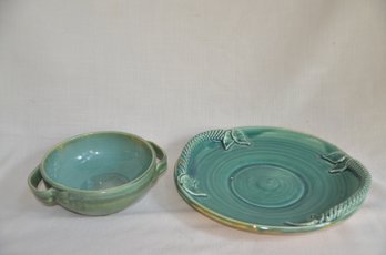 84) Lot Of 2 Handmade Pottery Platter And Bowl Greenish Glazed 12' Round Handled Platter And Bowl