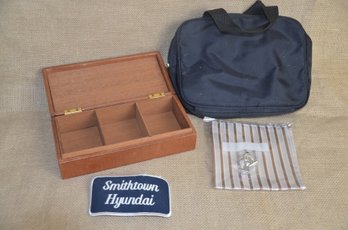(#135) Wooden Compartment Box ~ Nylon Accessory Bag ~ Handkerchief Cufflinks