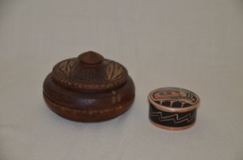 48) Trinket Wood Carved Covered Round Box 5x4 AND Hand Graved Copper Metal 3x1.5