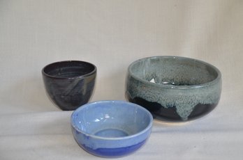 85) Lot Of 3 Bluish / Black Glazed Handmade Potter Bowls ( See Description For Sizes)