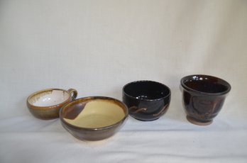 86) Lot Of 4 Brown Glazed Handmade Pottery Bowls ( See Description For Sized)