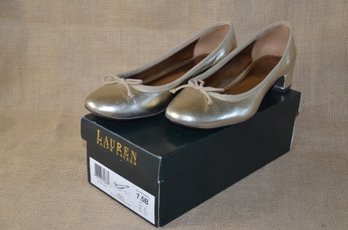 (#103DK) Ralph Lauren Platinum Gold Metallic Flat Slip In Shoe Size 7.5 With Box