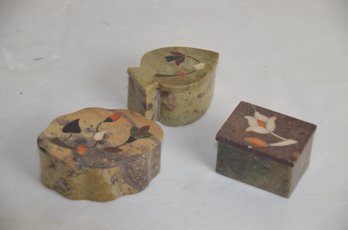 (#43) Set Of 3 Soapstone Trinket Lidded Box Inlaid Stone