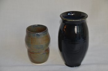 89) Lot Of 2 Handmade Pottery Bown Glazed Vases 7' And 5' Height