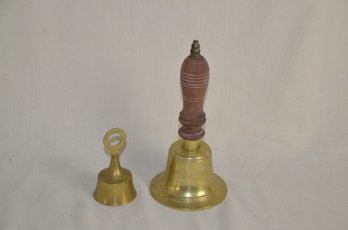 65) Set Of 2 Brass Bells ( One Large With Wood Handle & Trinket Size)