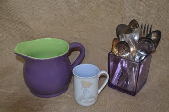 (#122) Ceramic Pitcher, Precious Moments Coffee Mug, Assorted Silver Plate Flatware