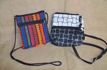 (#157BS) Over Shoulder Small Purses ( Colorful Fabric 7' ~ Nylon Black And White )