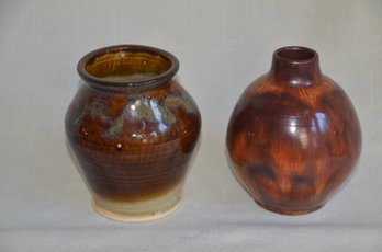 #90) Lot Of 2 Handmade Pottery Brown Glazed Vases 3.5' And 6' Height