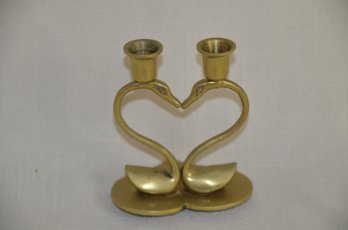 66) Brass Double Swan Candlestick Holder 4.5'H