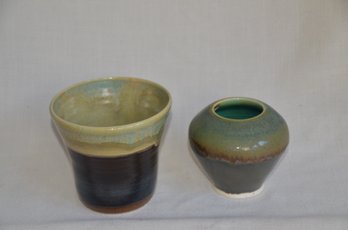 91) Lot Of 2 Handmade Pottery Brown Glazed Planter 5x5 And Vase 4.5'H