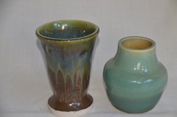 92) Lot Of 2 Vases Handmade Pottery Glazed 6.5' And 5.5' Height