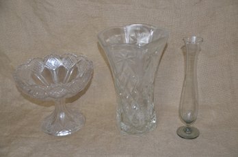 (#130) Crystal Vase 10' And Cut Crystal Compote 8' Glass Dish And Bud Vase 10'