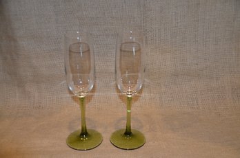 (#8) Champagne Glasses Green Stem Set Of 2