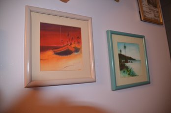 (#10) Pair Of Framed Pictures 10x10 Boat Sunset And Beach Shore Line