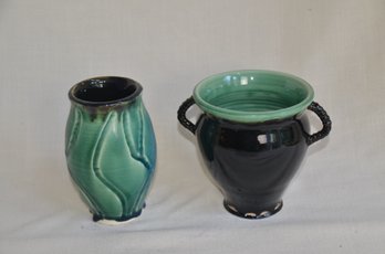 93) Lot Of 2 Vases Handmade Pottery Brown Greenish Glazed 6' And 6.5'Height