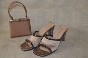 (#107DK) Delman Copper Silk Beaded Trim Detail Slip In Shoe Size 7.5 With Handbag