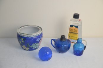 (#47) Asian Planter, Blue Glass Oil Lantern With Lamp Oil, Blue Glass Jug, Glass World Paper Weight