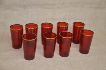 (#12) Red Ruby 5'H Drinking Glasses Gold Rim (so Gold Missing) Set Of 9