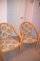 (#14) Pair Of Light Wood Frame Chairs Floral Print ( Seat Has Plastic Covering )