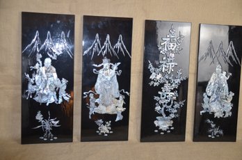 (#4) Vintage Asian Four Seasons Art-4 Japanese Black Lacquered With Inlay Mother Of Pearl Panels 7x19