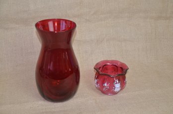(#13) Ruby Red Tall Vase 9' Height , Hand Painted Cranberry Votive Candle Holder Multi Useful